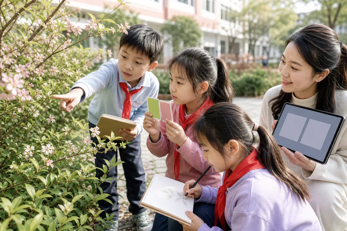 三年级学生先观察校园植物，再在教师组织下比较大模型给出的描述