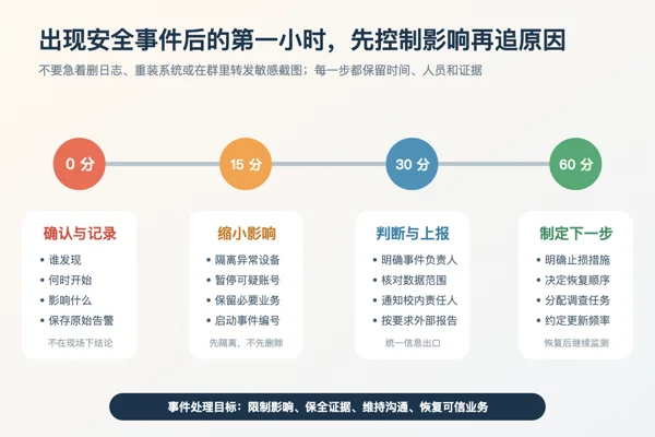 安全事件发生后从确认记录隔离影响判断上报到制定下一步的第一小时流程图